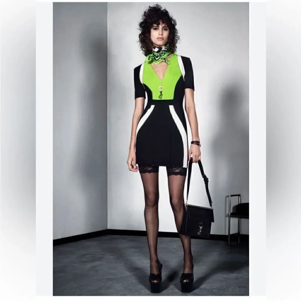 Versace Black and Green Dress with White Accents, S